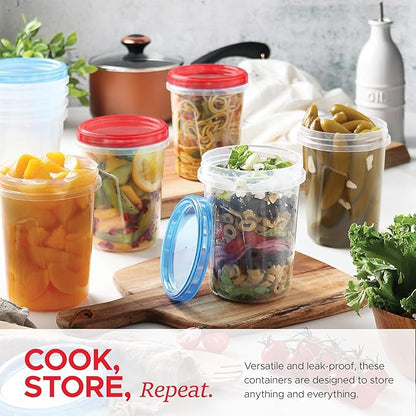 Tafura 10 Pack Leakproof Freezer Containers for Food with Twist Top Lids - 32 Oz BPA Free Reusable Plastic - Blue/Red Lids