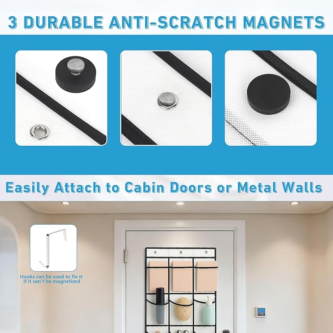 Cruise Magnetic Door Organizer with Hooks, 15 Large Pockets, Strong Anti-Scratch Magnets, Over-the-Door Hanging Storage for Cruise Cabin Essentials, Space Saving Cruise Door Organizer
