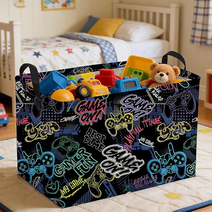 Rectangular Kids Baskets,Waterproof Foldable Storage Basket with Handles,Games Basket,Boys Room DecorGame Storage Bin,Shelf Baskets(Cool Game)