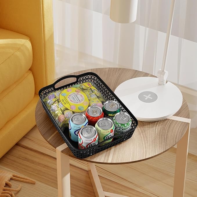 Set of 6 Large Plastic Storage Basket Tray, Black Shallow Paper Basket with Handle