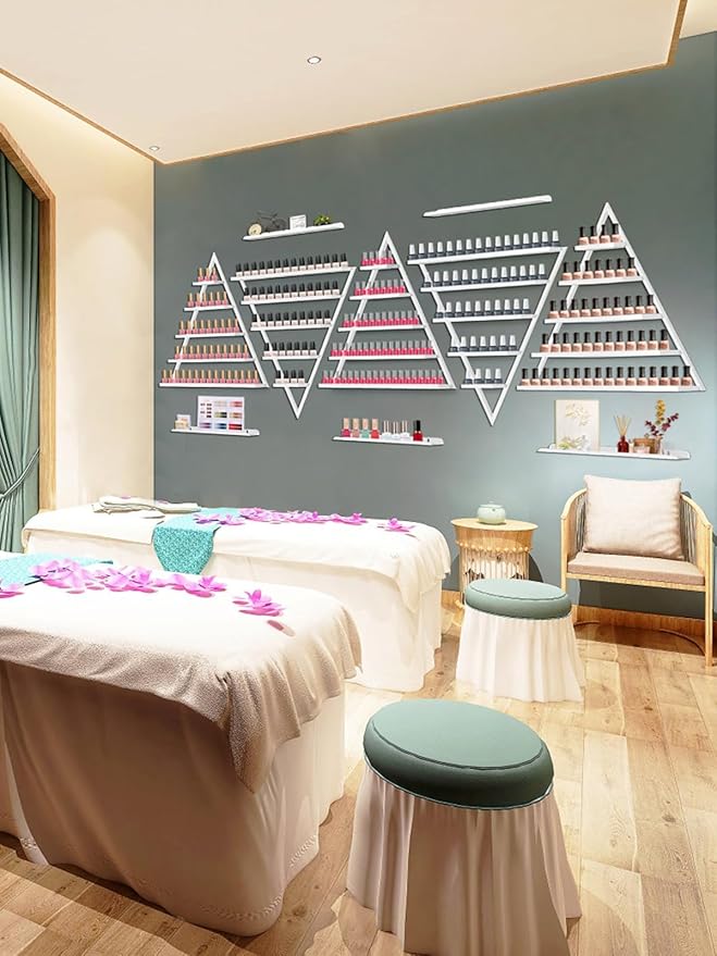 10PCS Metal Wall-mounted Nail Polish Storage Racks, Lorvain 5 Tiers White Triangular Display Rack Cosmetic Display Case Lipstick Perfume Wall Shelf Essential Oil Organizer for Home Spa Nail Salon Shop