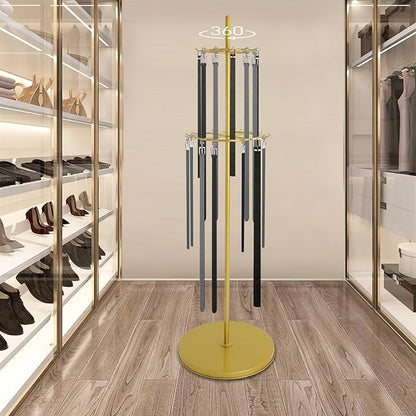 Gold Belt Display Scarf &Ties Rack Stand, 360° Rotation Floor Mounted Belt Hanger, Metal Men Closet Belt Organizer Holder Jewelry Necklaces Purse Hanger Shelf for Clothing Store Retail & Home