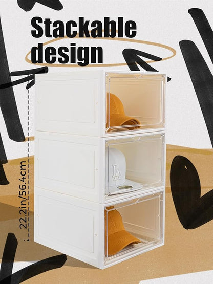 SCAVATA 6 Pack Hat Organizer Box, Stackable Clear Baseball Caps Holder Box Containers with Magnetic Door for Hats Snapback Cap Storag, Hat Rack Display Case, Holds 8 Hats Each (White)