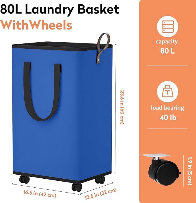 SpaceTrove Laundry Basket with Wheels, Collapsible Laundry Baskets, Laundry Hamper with Handles Detachable Wheels, Rolling Laundry Basket, Dirty Clothes Hamper for Bathroom, Dorm, Bedroom, Blue, 80L