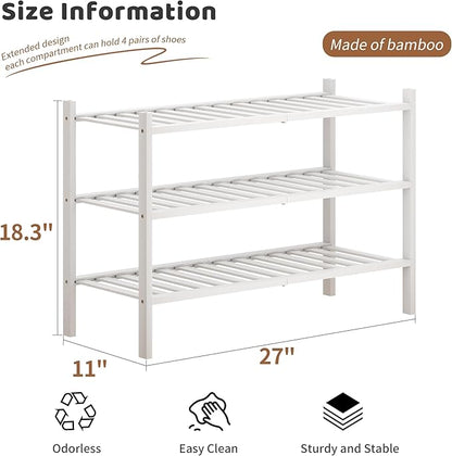 Bamboo Shoe Rack Stackable Shoe Shelf Storage Organizer for Unit Entryway Hallway and Closet Sturdy Freestanding Shoe Shelf(3 Tier White)