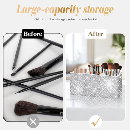 Bling Makeup Brush Holder Organizer, 3 Slot Sparkle Cosmetics Brushes Storage Holders with Shiny Rhinestones, Glitter Cute Pen and Pencil Holder for Desk, Eyeliners Display Case for Vanity（White）
