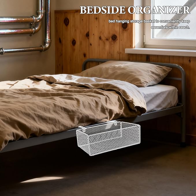 Bedside Organizer - White Bedside Hanging Wire Basket Organizer With Adjustable Hook Spacing - Dormitory Bed Storage Caddy For College Dorm Room Bunk Bed