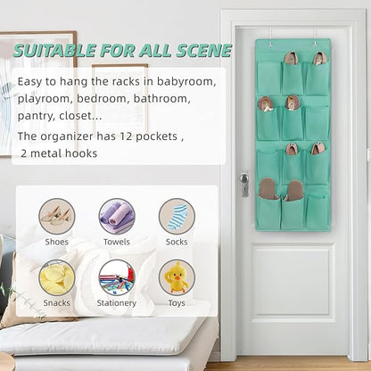 Over the Door Shoe Organizer, Hanging Shoe Rack Storage Holder with 12 Large Pockets for Closet Door, Men Women Kids Shoes, Cruise(Green