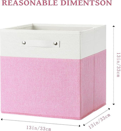 FinishingBo 13 x 13 Inch Fine Linen Storage Bins with Handles，Fabric Cube Boxs，Basket Organizers for Shelves for Home, Closet Drawers (White/Pink-6 Pack)