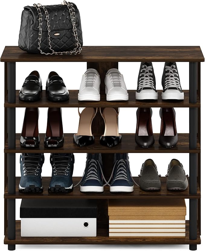 Furinno Turn-N-Tube 5 Tier Wide Shoe Rack, Amber Pine/Black