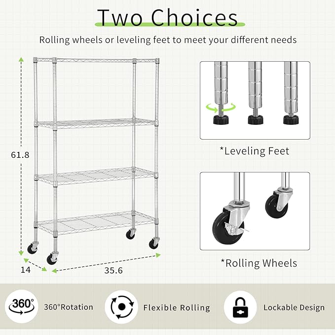 4 Tier Shelving Unit 62" H Adjustable Metal Shelves w/Wheels Heavy Duty Storage Shelf 1400Lb Capacity Garage Shelving Storage Wire Shelving for Kitchen, 36" L x 14" D x 62" H, Chrome