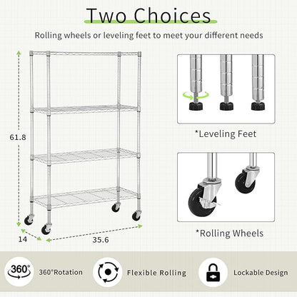 4 Tier Shelving Unit 62" H Adjustable Metal Shelves w/Wheels Heavy Duty Storage Shelf 1400Lb Capacity Garage Shelving Storage Wire Shelving for Kitchen, 36" L x 14" D x 62" H, Chrome