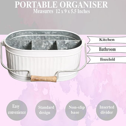 Alpha Living Home Rustic Heavy Duty Alloy Multi-Compartment Silverware Caddy - Metal Utensil Versatile All-in-One Organizer for Kitchen, Bathroom & Office Utensils, Flatware, and Accessories (White)