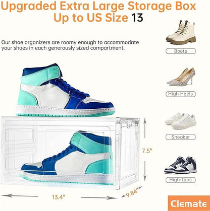 Clemate Upgraded X-Large Shoe Organizer,Shoe Storage Organizer,12 Pack,Shoe Box Clear Plastic Stackable,Drop Front Shoe Box with Clear Door, Shoe Containers For Sneaker Display,Fit up to US Size12
