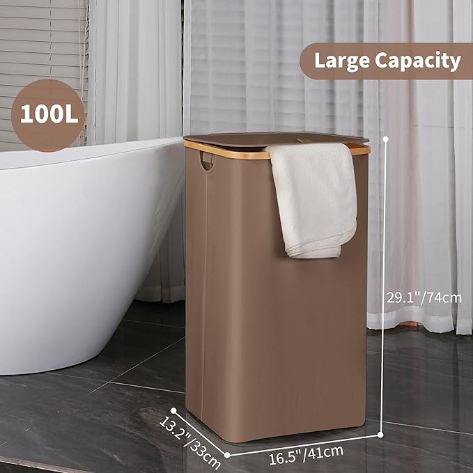 efluky 26 Gal Laundry Basket with Lid and Net Bag, Tall Laundry Hamper with Bamboo Handles, Aesthetic Dirty Clothes Bin for Laundry Room, Bathroom, Bedroom and Dorm, Brown