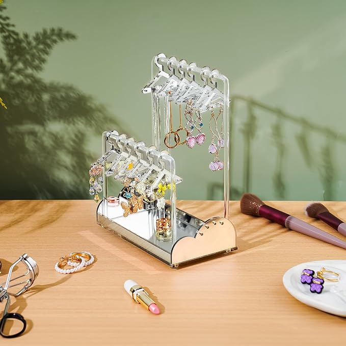 NiHome Acrylic Earring Holder with Unique Double-Tiered Design, Cute Miniature Clothing Hangers with Spacious Storage for 48 Pairs, Display for Home Vanity & Retail Showrooms (Silver, With Tray)