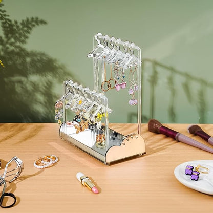 NiHome Acrylic Earring Holder with Unique Double-Tiered Design, Cute Miniature Clothing Hangers with Spacious Storage for 48 Pairs, Display for Home Vanity & Retail Showrooms (Silver, With Tray)