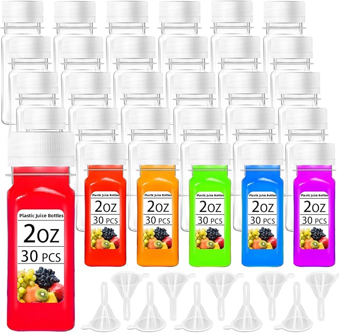30 Pcs 2oz Small Plastic Shot Bottles with White Caps,Reusable Clear Juice Bottles,Empty Plastic Containers with 10 Funnels for Ginger Shots,Liquids,Beverages