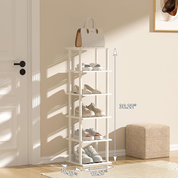 SHIISEWE White Bamboo Shoe Rack for Small Spaces 6 Tier Tall Vertical Narrow Rack