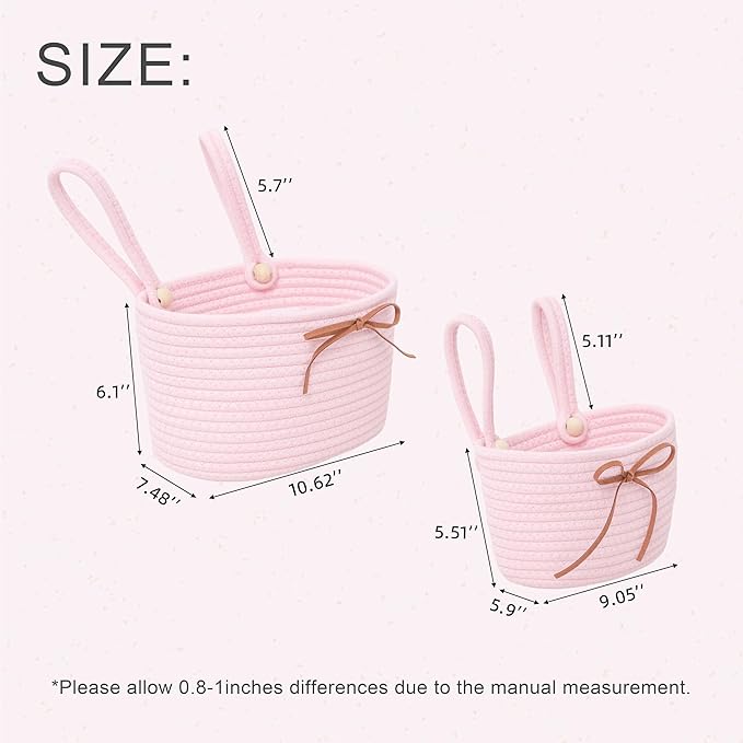 Cotton Rope Hanging Storage Baskets,Wall Basket with Handle, Shelf Organizer Bin for Closet, Functional Storage for Keys,Toys,and Small Items,Pink,Set of 2