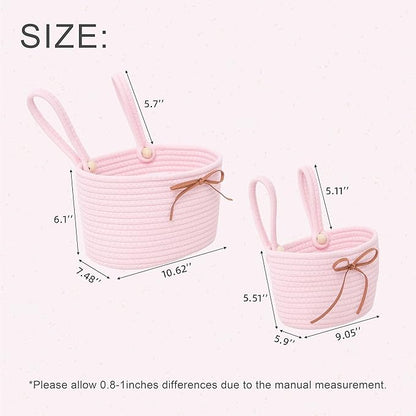Cotton Rope Hanging Storage Baskets,Wall Basket with Handle, Shelf Organizer Bin for Closet, Functional Storage for Keys,Toys,and Small Items,Pink,Set of 2