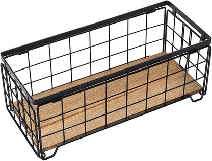 Metal Wire Storage Basket, Toilet Paper Roll Holder Wood Base Countertop Decor Box Toilet Tank Shelf Cabinet Organizer for Bathroom Pantry Garage Bedroom Livingroom - Black