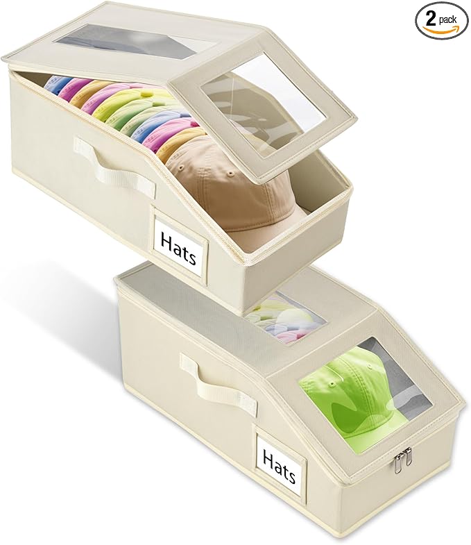 Stackable Hat Storage for Baseball Caps, 2 PCS Hat Storage Boxes for Closet, Holds up to 30 Caps with Cardboard, Hat Organizer for Women & Men(Two Clear Window) (Beige)
