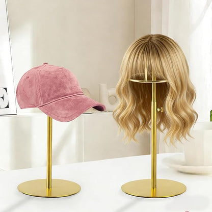 2 Pack Hat display stand Adjustable Height 8.7-14.6 Inches Hat organizer Stainless Steel Metal Hat rack for Storing Hats and Wigs in Home Boutique Retail Stores,Golden