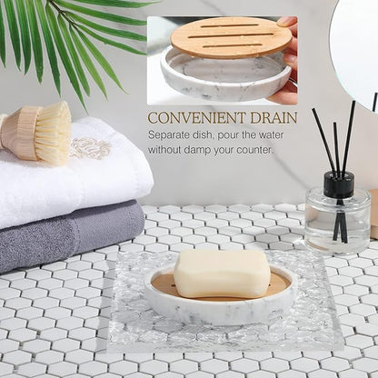 Luxspire Bamboo Soap Dish, Resin Soap Holder with Drainage, Oval Wooden Soap Dish for Shower, Bathroom, Sink, Kitchen and Countertop, Gravel White