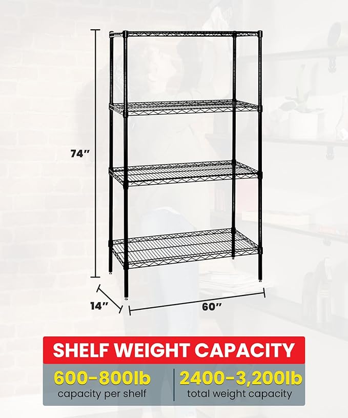Quantum Storage Systems WR74-1460BK Wire Shelving Starter Kit, 60" W x 14" D x 74" H, 600 lbs Capacity, Carbon Steel, Epoxy Coated, Black, NSF