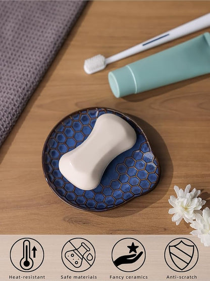Ceramic Soap Dish, Set of 2 Bar Soap Holder, Shower Soap Dish Soap Saver Tray for Bathroom Kitchen Sink, Stylish and Easy to Clean (Vintage Blue)