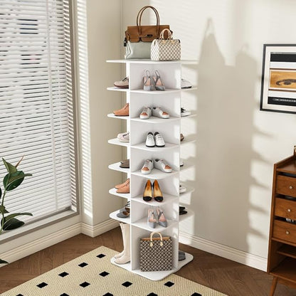 Shoe Organizer 7-Tier Spinning Shoe Rack - 360° Rotating Storage Organizer for 20-30 Pairs, Space Saving Narrow Design for Entryway/Closet Closet Handbag Display Rotate (White + Square)