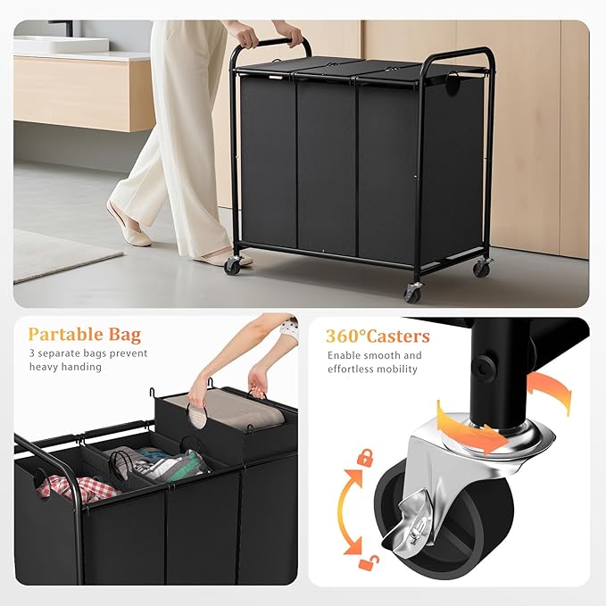 180L (47.55 Gal) Laundry Sorter 3 Section, Rolling Laundry Basket with Lockable Wheels and Lid, Laundry Hamper with 3 Separated Removable Bags Dirty Clothes Hamper for Laundry Room Organizer, Black