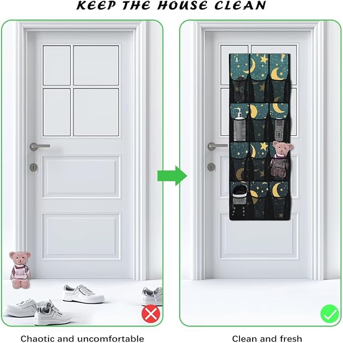 Extra Large 12-Pocket Storage Hanging Bag for Behind The Door, Heavy Duty Oxford Fabric, Waterproof Lightweight and Space-Saving Organizer for Home Use, Moon and Stars