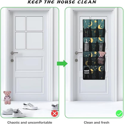Extra Large 12-Pocket Storage Hanging Bag for Behind The Door, Heavy Duty Oxford Fabric, Waterproof Lightweight and Space-Saving Organizer for Home Use, Moon and Stars