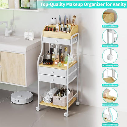 HapiRm Floor Makeup Organizer Cart - Vanity Skincare Beauty Organizers Makeup Storage with Drawers, Cosmetics Display Cases Holder Nail Cart for Hair Accessories Polish Perfume Make up Brush