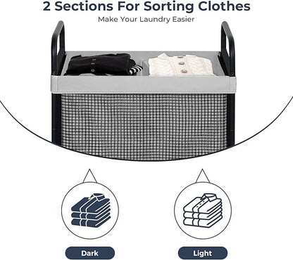 STO STO Laundry Hamper 2 Section, 100L Rolling Laundry Sorter Cart with Removable and Washable Liner Bag, Clothes Hamper with Wheels and Metal Handle for Laundry Room and Bedroom, Gray