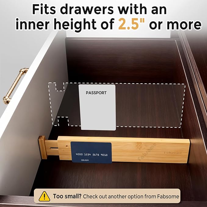 Fabsome Drawer Divider 6 Pack, Bamboo Kitchen Dividers Organizers Adjustable 17''-22'', Wooden Dresser Separators for Nursery Organization Clothes Socks Underwear Baby Clothing, with Soft Foam Ends