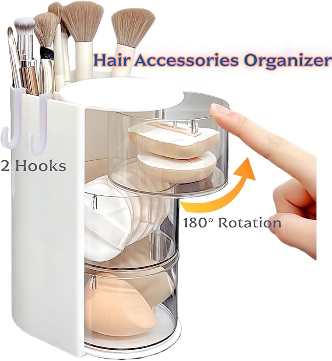Girls Hair Accessories Organizer with 2 Hooks,3-Layer Rotatable Hair Tie Organizer with Hair Brush Holder,Hair Organizer For Girls,Makeup Brush Holder (White)