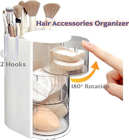 Girls Hair Accessories Organizer with 2 Hooks,3-Layer Rotatable Hair Tie Organizer with Hair Brush Holder,Hair Organizer For Girls,Makeup Brush Holder (White)