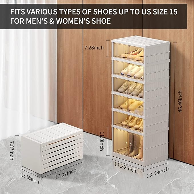 CIMLORD 6-Tier Foldable Shoe Rack Organizer for Closet 12Pairs Plastic Shoe Shelf Collapsible Shoes Storage Box Clear Shoe Boxes Stackable with Door Easy Assembly Shoe Cabinet with Lids Large