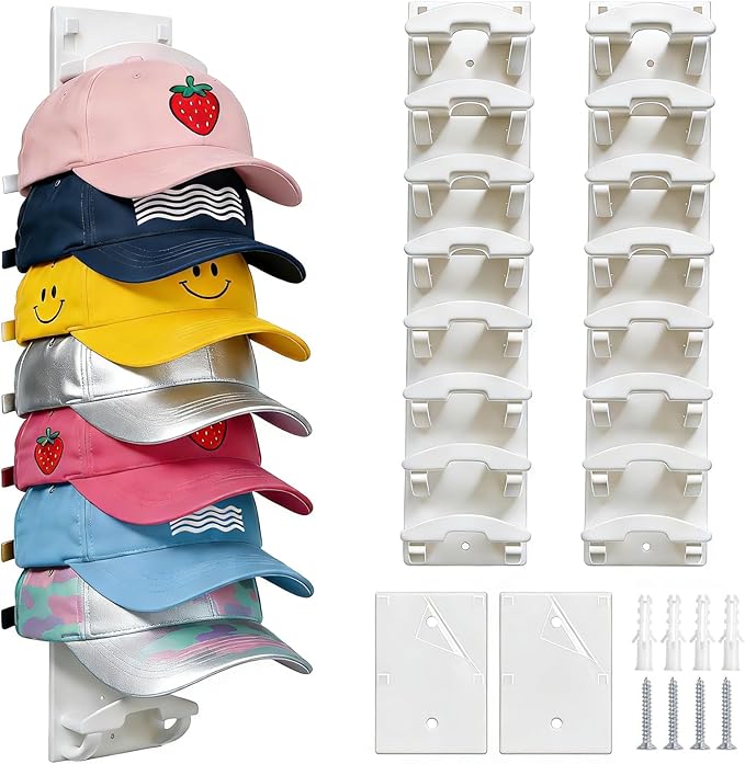 FAYYGYH Hat Organizer for Baseball Caps, 2 Pack Strong Adhesive Hat Rack for Wall, Multilayer Hat Storage Display Holder, Wall Mounted Hat Hooks Hold up to 16 Hats for Closet Door and Bedroom (White)