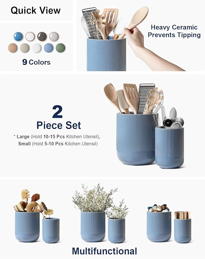 LE TAUCI Utensil Holder for Kitchen Counter, 7.3"+5.4" Fluted Ceramic Utensil Crock Organizer for Countertop, Heavy Large Holder for Spatulas, Spoons, Set of 2, Dusty Blue