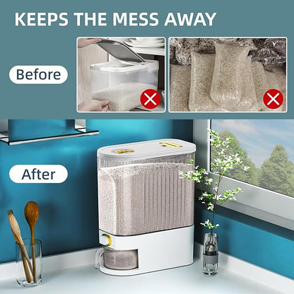 Rice Dispenser,22Lbs-25Lbs Rice Container with Measuring Cup, Upgraded Lid Time Dials & Built-in Fresh Box Rice Container Storage for Home Kitchen Pantry Stores Rice - White Capacity 22Lbs-25Lbs