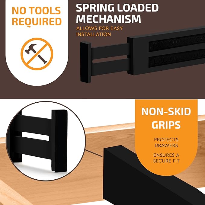 6-Pack Drawer Dividers - 2.6 Inches High, Adjustable 16 to 22 Inches Bamboo Drawer Organizer, Large Expandable Separator for Clothes, Dresser, Bedroom, Bathroom, Baby, Office, Kitchen Utensils, Black