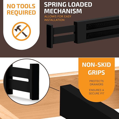 6-Pack Drawer Dividers - 2.6 Inches High, Adjustable 16 to 22 Inches Bamboo Drawer Organizer, Large Expandable Separator for Clothes, Dresser, Bedroom, Bathroom, Baby, Office, Kitchen Utensils, Black