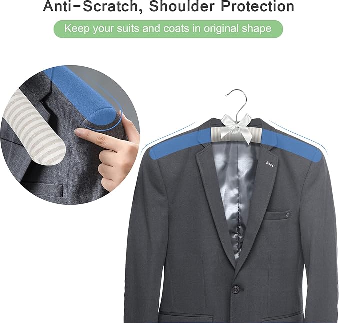 Padded Hangers for Women Clothing Men Sweaters, GLCON 17 Inches Satin Coat Hangers No Bump Fabric Foam Wood Cover, Anti-Slip Thick Clothes Hanger for Adult Wedding Dress Pants (Stripe, 8 Pack)