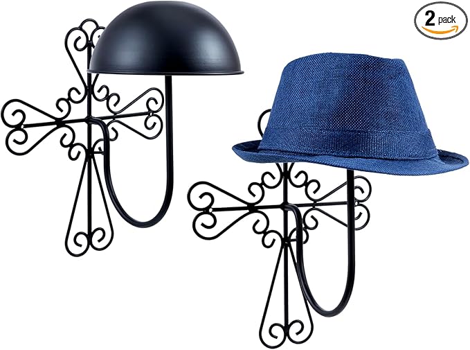 MyGift 2 Pcs Vintage Hat Holder Rack Wall Mount, Large Brim Hat Organizer Storage, Hanging Helmet Wig Display Dome, Scrollwork Cross Style, Black Metal
