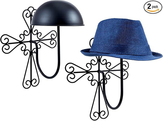 MyGift 2 Pcs Vintage Hat Holder Rack Wall Mount, Large Brim Hat Organizer Storage, Hanging Helmet Wig Display Dome, Scrollwork Cross Style, Black Metal