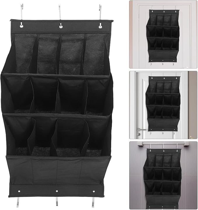 Door Shoe Organizer 12 Large Pockets Foldable Hanging Shoe Rack Black Wall Mounted for Apartment Narrow Hallway Closet
